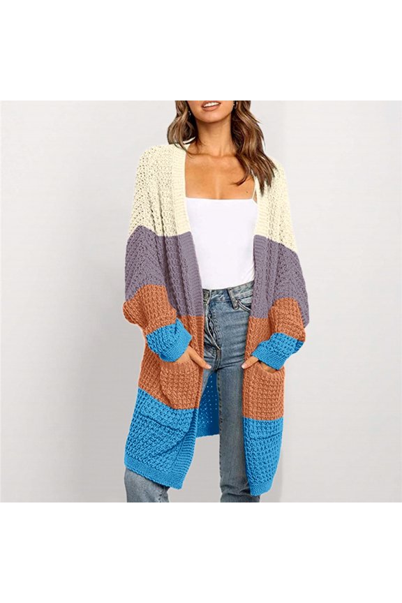 Womens Boho Patchwork Cardigan Long Sleeve Open Front Knit Sweaters Coat Pockets Pink XL