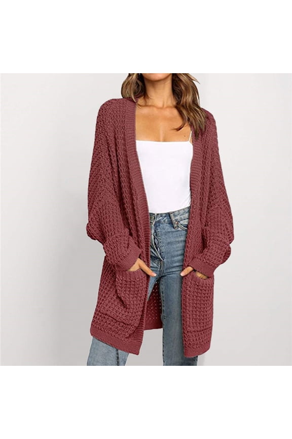 Womens Boho Patchwork Cardigan Long Sleeve Open Front Knit Sweaters Coat Pockets Wine XL
