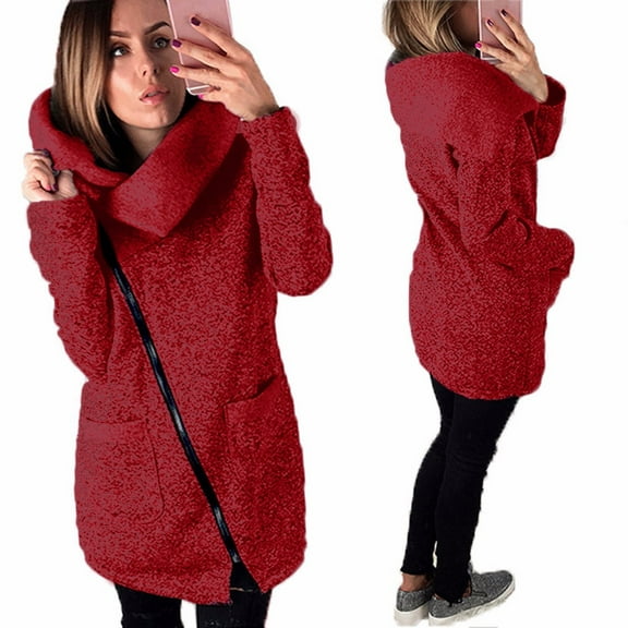 Abcnature Womens Casual Coat Long Zipper Sweatshirt Outwear Tops Red S