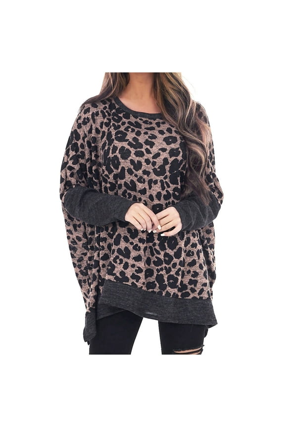 Womens Color Block Pullover Round Neck Leopard Print Sweatshirt Raglan Long Sleeve Loose Tunic Shirts Tops Brown XXL