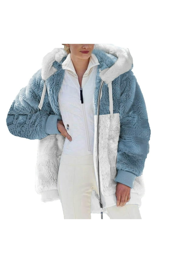 Womens Fuzzy Fleece Jacket, Zip Up Plush Color Block Stitching Winter Jacket Coat, Warm Fleece Blanket Jackets for Women with Hood Outwear with Pockets Blue S