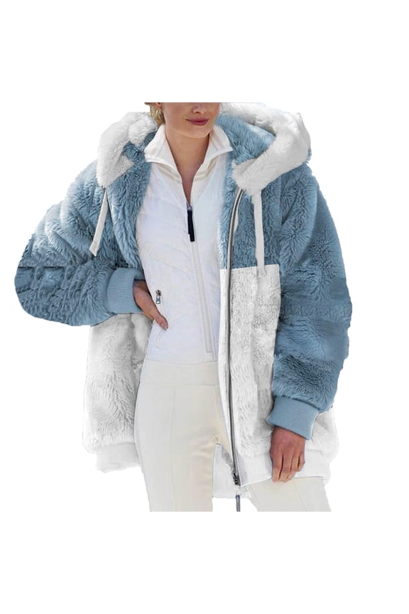 Womens Fuzzy Fleece Jacket, Zip Up Plush Color Block Stitching Winter Jacket Coat, Warm Fleece Blanket Jackets for Women with Hood Outwear with Pockets Blue XXL