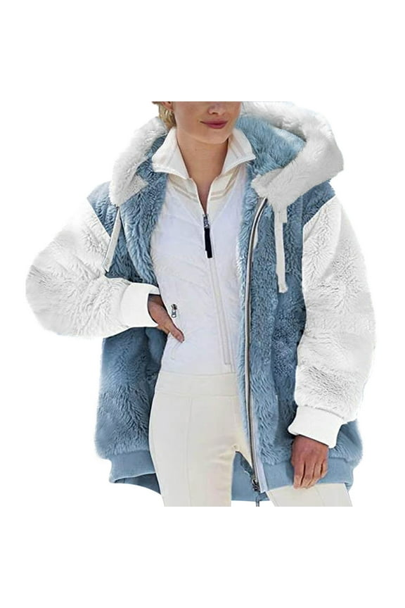Womens Fuzzy Fleece Jacket, Zip Up Plush Color Block Stitching Winter Jacket Coat, Warm Fleece Blanket Jackets for Women with Hood Outwear with Pockets Blue XXL