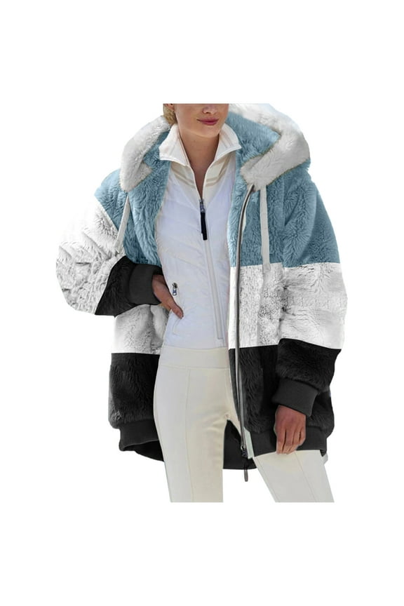 Womens Fuzzy Fleece Jacket, Zip Up Plush Color Block Stitching Winter Jacket Coat, Warm Fleece Blanket Jackets for Women with Hood Outwear with Pockets Dark Gray XXL