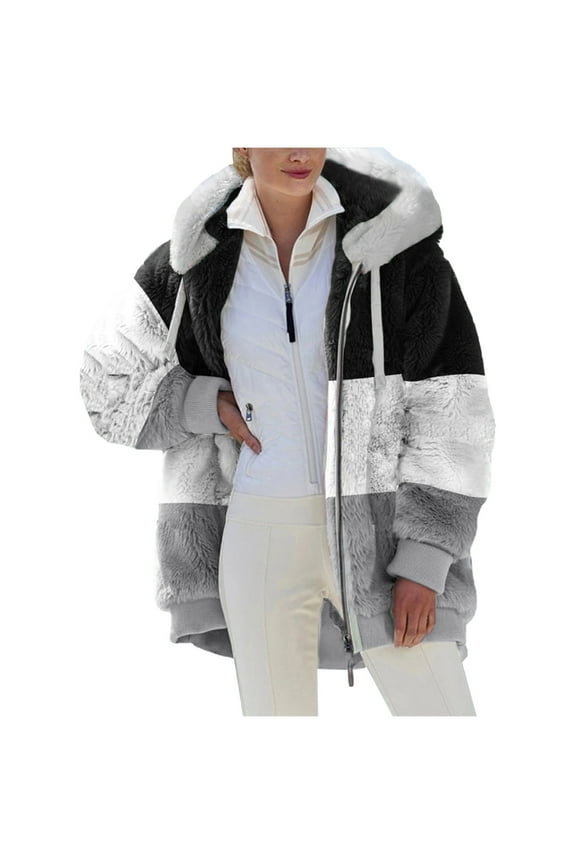Womens Fuzzy Fleece Jacket, Zip Up Plush Color Block Stitching Winter Jacket Coat, Warm Fleece Blanket Jackets for Women with Hood Outwear with Pockets Multicolor XL