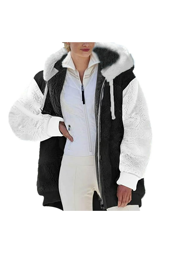 Womens Fuzzy Fleece Jacket, Zip Up Plush Color Block Stitching Winter Jacket Coat, Warm Fleece Blanket Jackets for Women with Hood Outwear with Pockets White S
