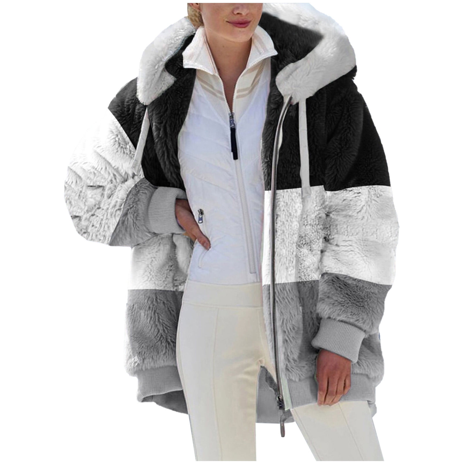 Abcnature Womens Fuzzy Fleece Jacket, Zip Up Plush Color Block Stitching  Winter Jacket Coat, Warm Fleece Blanket Jackets for Women with Hood Outwear 