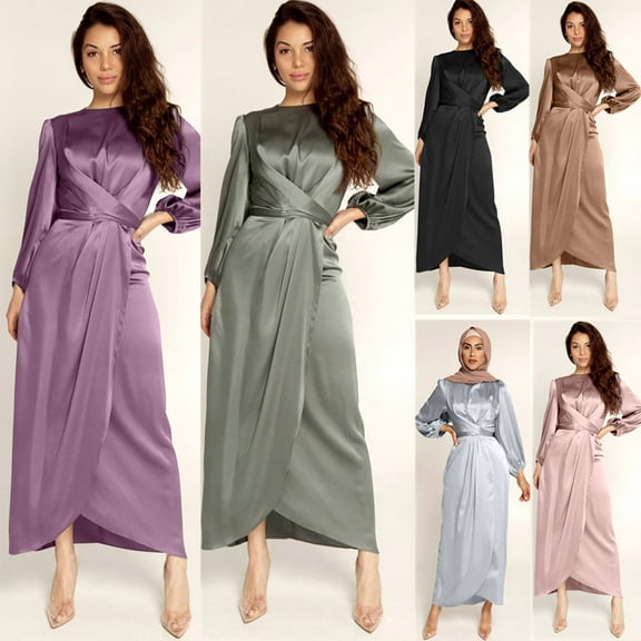 Abcnature Womens Long Sleeve Midi Long Dress Wrap Round Neck Tiered Fall Vintage Maxi Dresses Solid Satin Soft Waist and Ankle Dress Pink S