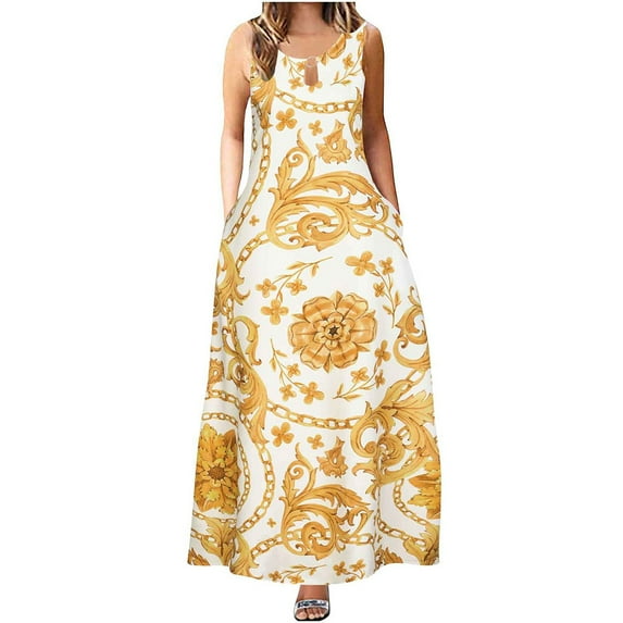 Abcnature Womens Maxi Dress, Women Comfortable Sleeveless Round Neck Retro Swing Dress, Plus Size Summer Casual Long Dresses, Wedding Guest Dresses Beach Party Dress Yellow L
