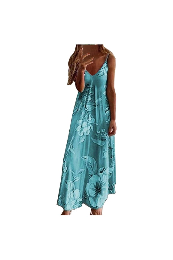 Womens Maxi Dress, Women Floral Printed Slimming Sling Party Long Dress, Plus Size Summer Casual Long Dresses, Wedding Guest Dresses Beach Party Dress Sky Blue XXL