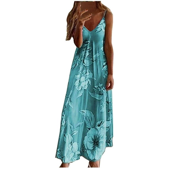 Abcnature Womens Maxi Dress, Women Floral Printed Slimming Sling Party Long Dress, Plus Size Summer Casual Long Dresses, Wedding Guest Dresses Beach Party Dress Sky Blue XXL