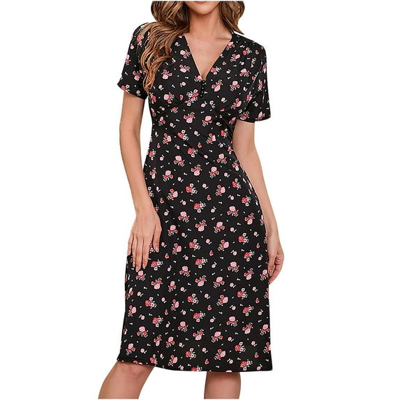 Abcnature Womens Maxi Dress, Women Print V-Neck Slim Dress, A-Line, Plus Size Summer Casual Long Dresses, Wedding Guest Dresses Beach Party Dress Black M