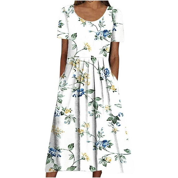 Abcnature Womens Maxi Dress Savings Clearance Deals, Women Round Neck Printing Short Sleeve Pockets Dress, Plus Size Summer Casual Long Dresses, Wedding Guest Dresses Beach Party Dress White XL