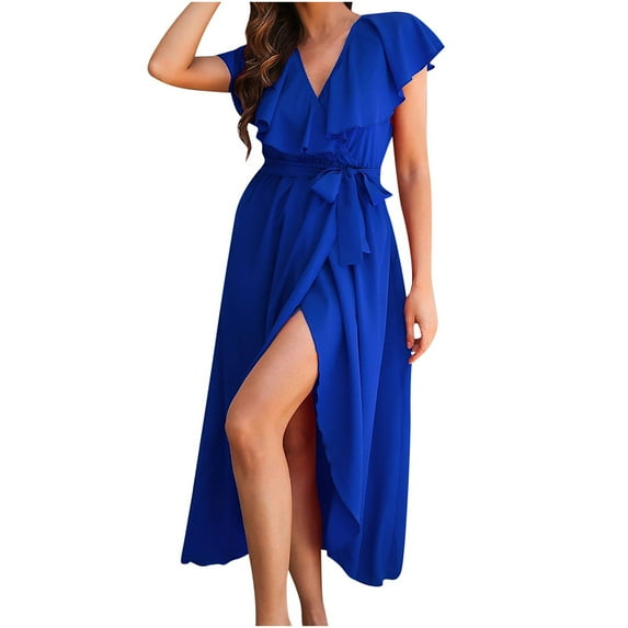 Abcnature Womens Maxi Dress Savings Clearance Deals, Women Ruffle V-Neck Wrap Slit Dress, Plus Size Summer Casual Long Dresses, Wedding Guest Dresses Beach Party Dress Blue L
