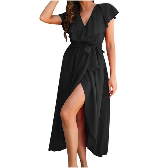 Abcnature Womens Maxi Dress Savings Clearance Deals, Women Ruffle V-Neck Wrap Slit Dress, Plus Size Summer Casual Long Dresses, Wedding Guest Dresses Beach Party Dress Black S