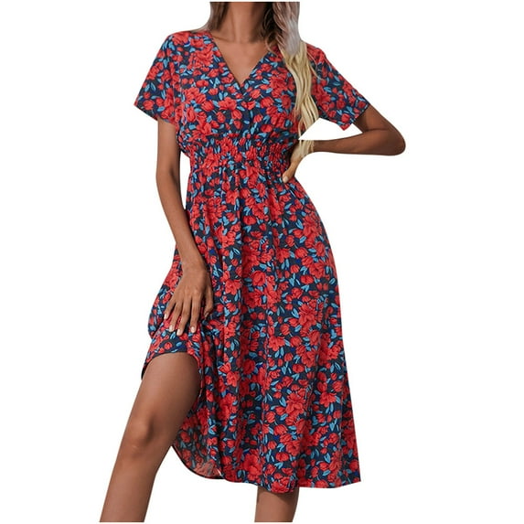 Abcnature Womens Maxi Dress Savings Clearance Deals, Women Short Sleeve V-Neck Floral Printed Dress Plus Size Summer Casual Long Dresses, Wedding Guest Dresses Beach Party Dress Red L