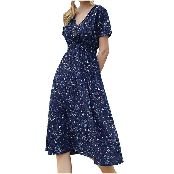 Abcnature Womens Maxi Dress Savings Clearance Deals, Women Short Sleeve V-Neck Floral Printed Dress Plus Size Summer Casual Long Dresses, Wedding Guest Dresses Beach Party Dress Dark Blue L