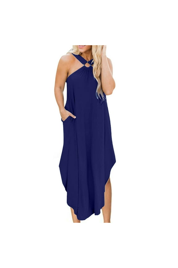 Womens Maxi Dress, Women Sleeveless Halter Irregular Hem Solid Dress, Plus Size Summer Casual Long Dresses, Wedding Guest Dresses Beach Party Dress Navy L