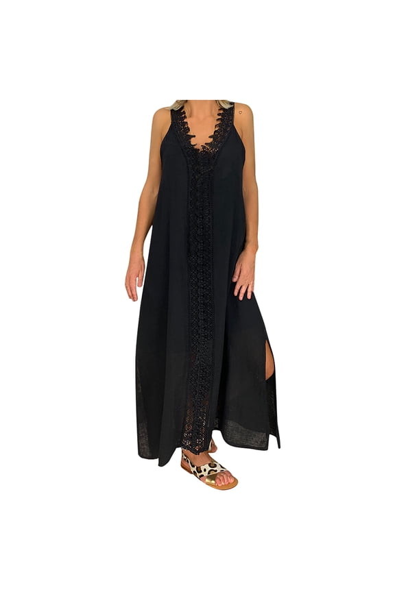 Womens Maxi Dress, Women Sleeveless V-Neck Sling Lace Solid Dress, Plus Size Summer Casual Long Dresses, Wedding Guest Dresses Beach Party Dress Black XXL