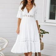 ABCNATURE Womens Maxi Dress Savings Clearance Deals, Women Solid Dress, Hollow Chiffon Short Sleeve V-Neck Long Dress, Plus Size Summer Casual Long Dresses Beach Party Dress White M