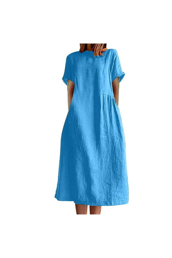 Womens Maxi Dress, Women Solid Round Neck Short Sleeve Cotton Linen Dress, Plus Size Summer Casual Long Dresses, Wedding Guest Dresses Beach Party Dress Blue XXL