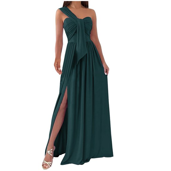 Abcnature Womens Maxi Dress Savings Clearance Deals, Women Solid Slimming One Shoulder Sleeveless Split Hem Dress, Plus Size Summer Casual Long Dresses Beach Party Dress Green M