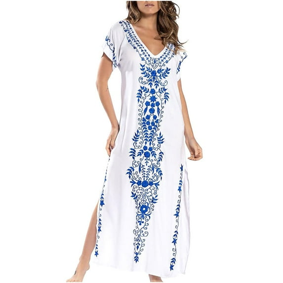 Abcnature Womens Maxi Dress Savings Clearance Deals, Women V-Neck Split Short Sleeve Printing Dress, Plus Size Summer Casual Long Dresses, Wedding Guest Dresses Beach Party Dress White XL