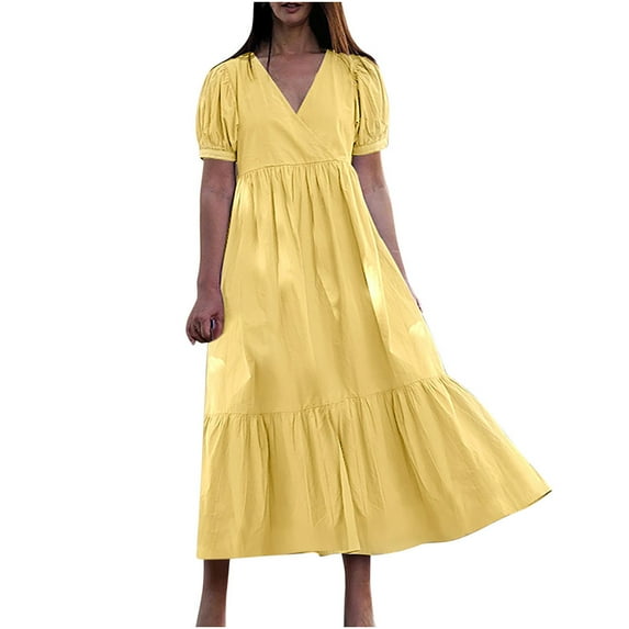 Abcnature Womens Maxi Dress, Women V-neck Loose Short Sleeve Solid Mid-Calf Dress, Swing Long Dress, Plus Size Summer Casual Long Dresses, Beach Party Dress Yellow XL
