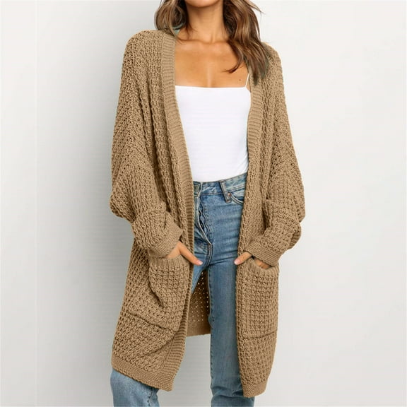 Abcnature Womens Patchwork Cardigan Long Sleeve Open Front Knit Sweaters Coat Pockets Khaki S