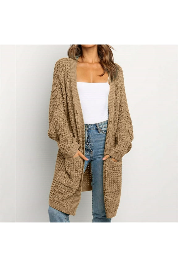 Womens Patchwork Cardigan Long Sleeve Open Front Knit Sweaters Coat Pockets Khaki S