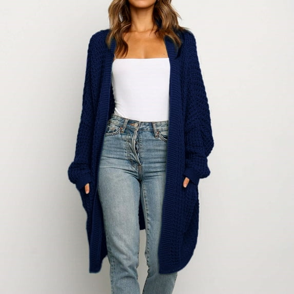 Abcnature Womens Patchwork Cardigan Long Sleeve Open Front Knit Sweaters Coat Pockets Navy L