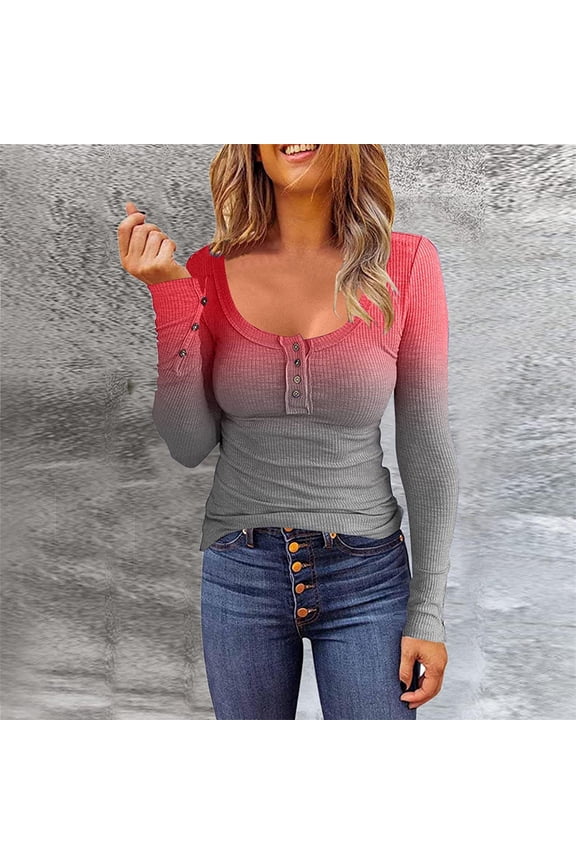 Womens Ribbed Knit Henley Long Sleeves Tunic Lace Tops Crewneck Button Shirts Casual Slim Fit Blouses, Gradient T Shirts Button Down Slim Fit Tops Shirts Red S