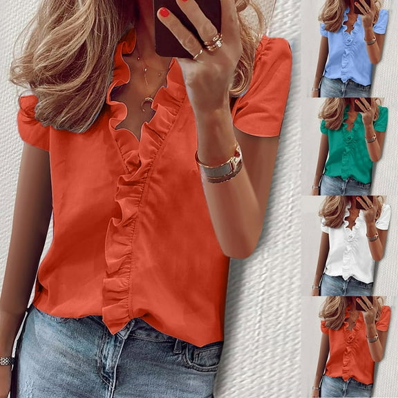 Abcnature Womens Short Sleeve Ruffle Stitching Button Down Cotton Linen Shirt Blouse Loose Fit Casual V-Neck Tops Recommend Weight 110 to 121lb