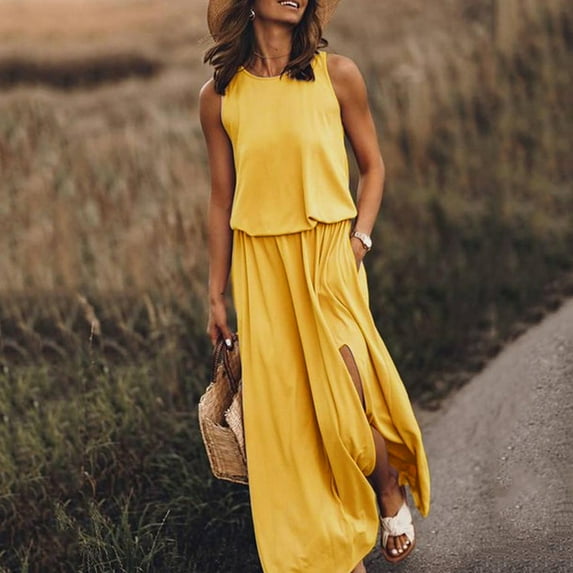 Abcnature Womens Sleeveless Maxi Dress, Sexy O-Neck Plain Slit Dress, Casual Loose Beach Lounge Dress Pocket Long Dress Yellow M