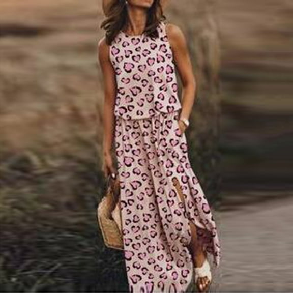 Abcnature Womens Sleeveless Maxi Dress, Sexy O-Neck Printing Slit Dress, Casual Loose Beach Lounge Dress Gradient Leopard Pocket Long Dress Pink S