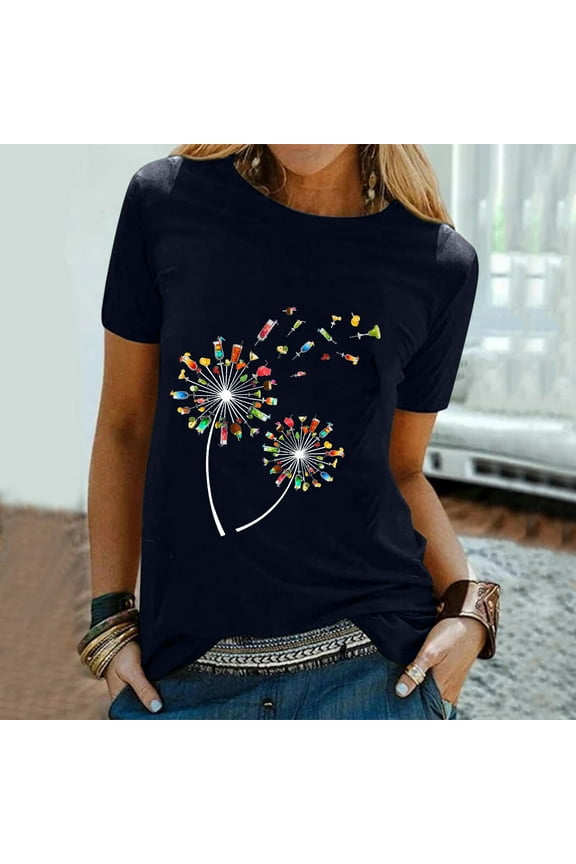 Womens T-Shirt Workout Shirts Summer Funny Letters Printing Graphic Casual Tops Athletic Tee O-Neck Loose Blouse Navy M