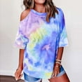 thumbnail image 1 of Abcnature Womens Tie-Dye Printed O-Neck Off-Shoulder Short Sleeve Tops T-shirt Blouse Blue L, 1 of 6
