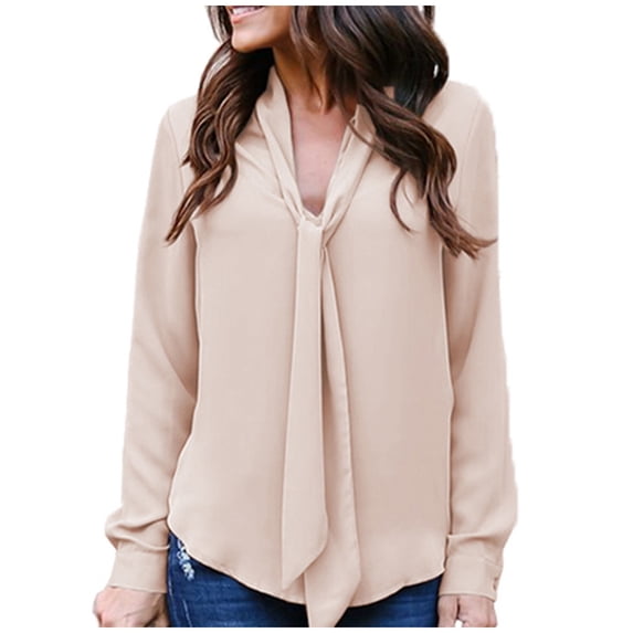 Abcnature Womens V Neck Shirts Loose Button Down T-Shirt Neckline Knotted Long Sleeve Blouse Tie Front Casual Henley Tops Beige M