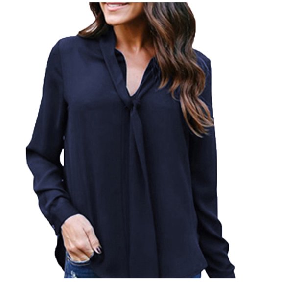 Abcnature Womens V Neck Shirts Loose Button Down T-Shirt Neckline Knotted Long Sleeve Blouse Tie Front Casual Henley Tops Navy S