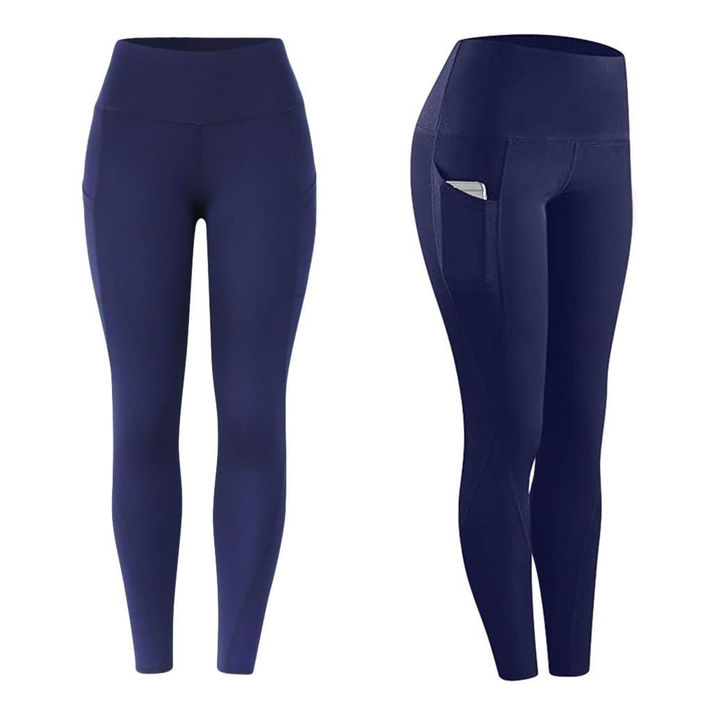 Women's High Waisted Workout Leggings with Inside Pockets - Navy Blue / XS