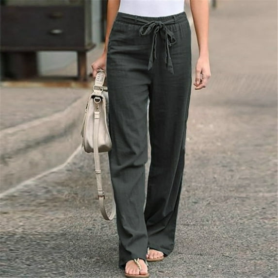 Abcnature Womens Yoga Pants Linen Sweatpants Straight-Leg Joggers Belt Workout Lounge Pajamas Pants with Pockets Gray XL
