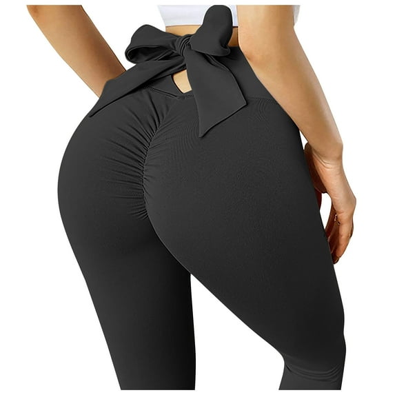 Abcnature Yoga Pants for Women with Pockets, High Waisted Athletic Running Workout Leggings 7/8 Length, Ladies Hip Lifting Elastic Leggings with Bow Black L
