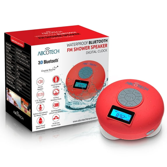 Abco Tech Water Resistant Bluetooth Shower Speaker, Red 5" Diameter