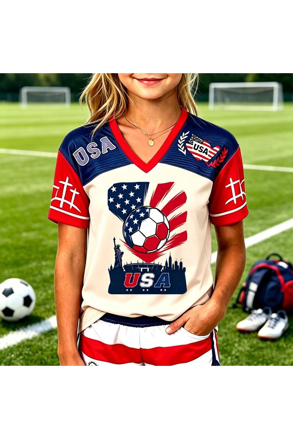 2026 USA Soccer Jersey Shirt Kids Girls Soccer Jersey Game Day T-Shirt Funny Football Match Graphic V Neck Short Sleeve Tops,4-5Years