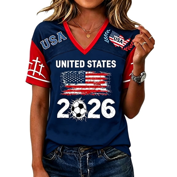 Abcomgle 2026 USA Soccer Jersey Shirt Women Soccer Jersey Game Day T-Shirt Funny Football Match Graphic V Neck Short Sleeve Tops,NavyM