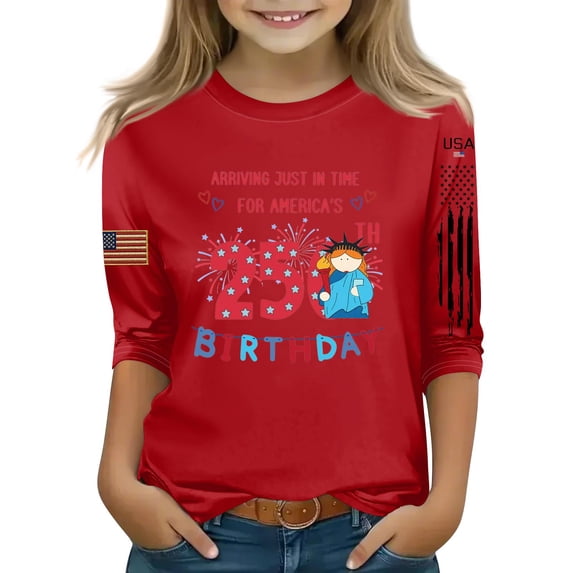 Abcomgle 4th Of July Outfits for Girls Kids 3/4 Sleeve Patriotic T Shirt Crewneck Comfy 250th Birthday Print Shirts Summer Independent Day Tshirt,Red,11-12Years