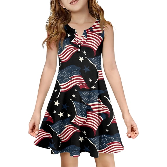 Abcomgle 4th of July Patriotic Dresses for Girls American Flag Printed Patriotic Dresses V-Neck A-Line Sleeveless Midi Dress Cute Basic Independence Day Skirt for Kids Girls