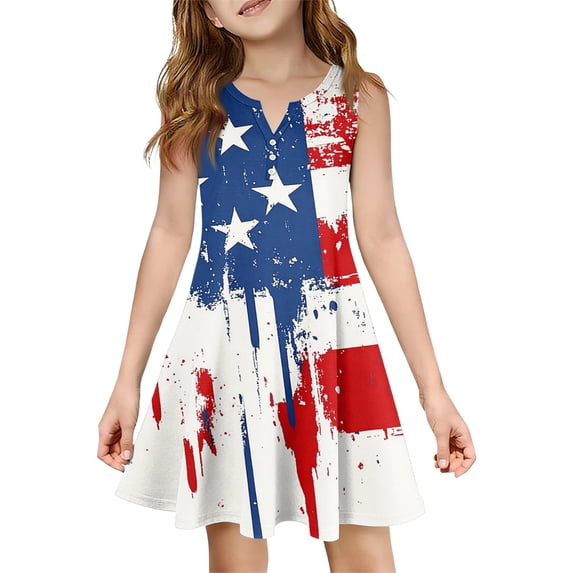 Abcomgle 4th of July Patriotic Dresses for Girls Red White and Blue Printed Patriotic Dresses V-Neck A-Line Sleeveless Midi Dress Cute Fashion Independence Day Skirt for Kids Girls