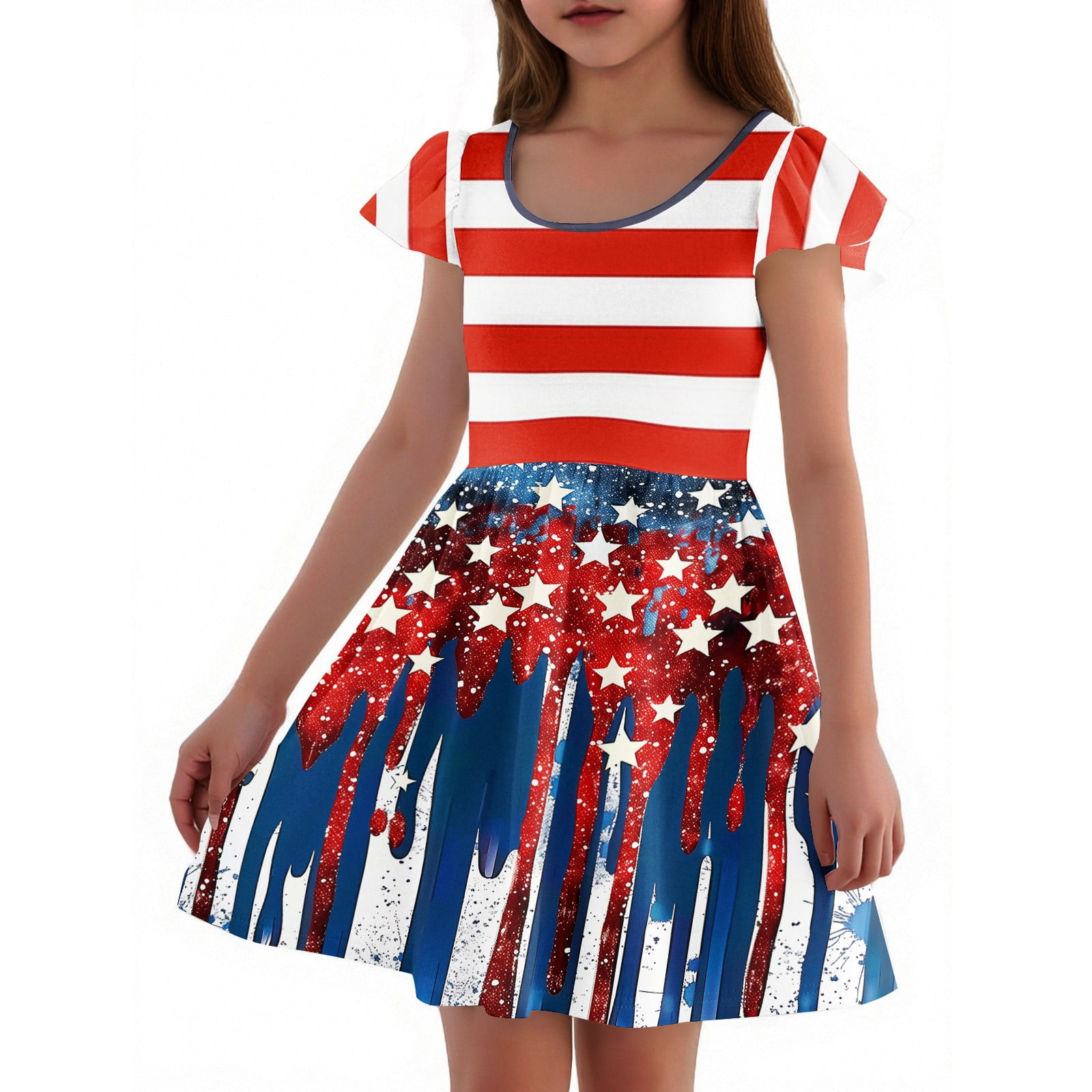 Deerose Women's July 4th American Flag Dress - Cold Shoulder Tie Dye Sundress With Pockets (Large)