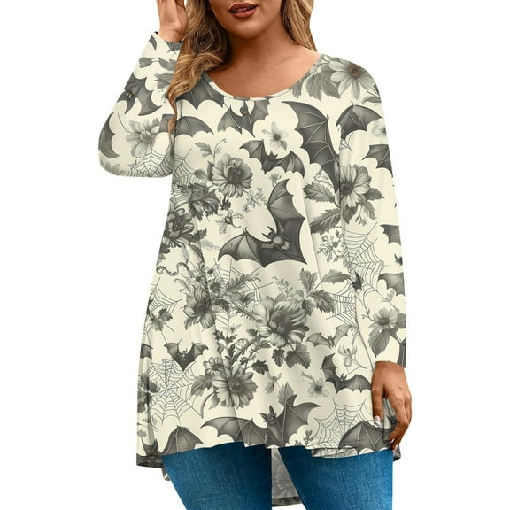 Abcomgle 4xl Womens Halloween Shirts Funny Vintage Floral Print T-Shirts for Women Oversized Crewneck Long Sleeve Plus Size Womens Clothing Holiday Loose Fit Womens Shirts,L